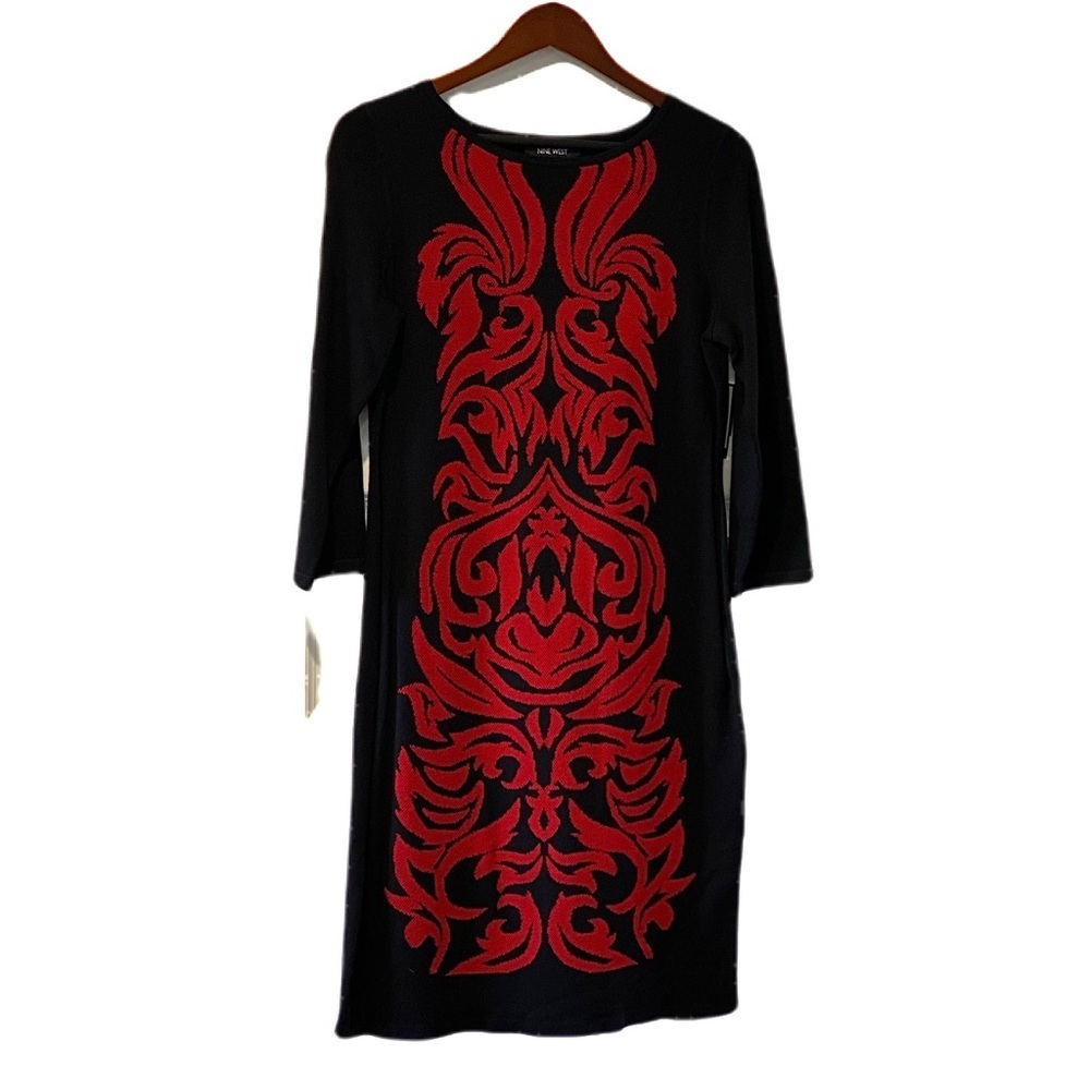 (M, L) Nine West Black with Red Abstract Detail Sweater Dress - Picture 11 of 11
